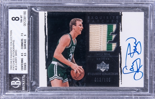 2003-04 UD "Exquisite Collection" Patches Autographs #LB Larry Bird Signed Game Used Patch Card (#013/100) - BGS NM-MT 8/BGS 9